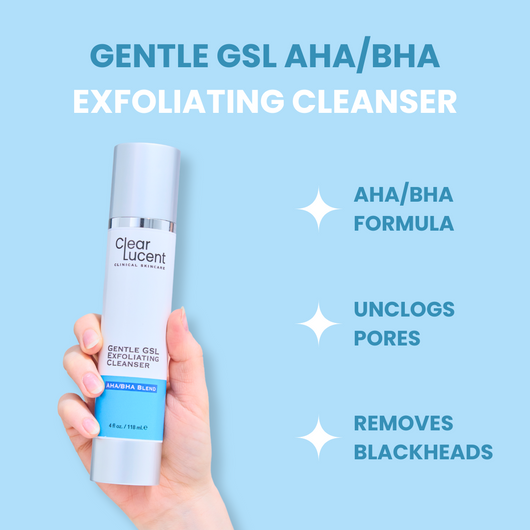 Clear Lucent Gentle GSL AHA/BHA Exfoliating Cleanser held in a hand against a light blue background with product features listed.