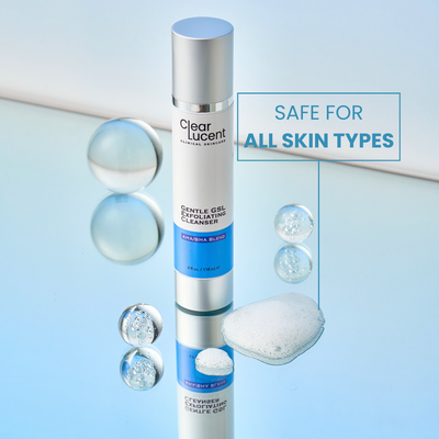 Skincare product with bubbles and text 'Safe for all skin types' on a light blue background