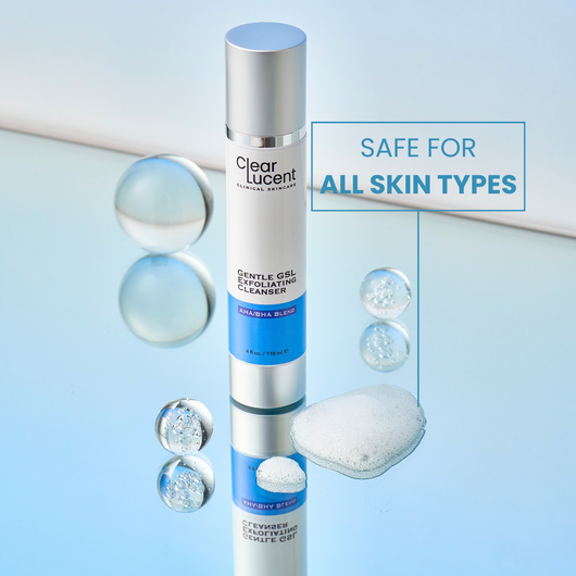 Skincare product with bubbles and text 'Safe for all skin types' on a light blue background