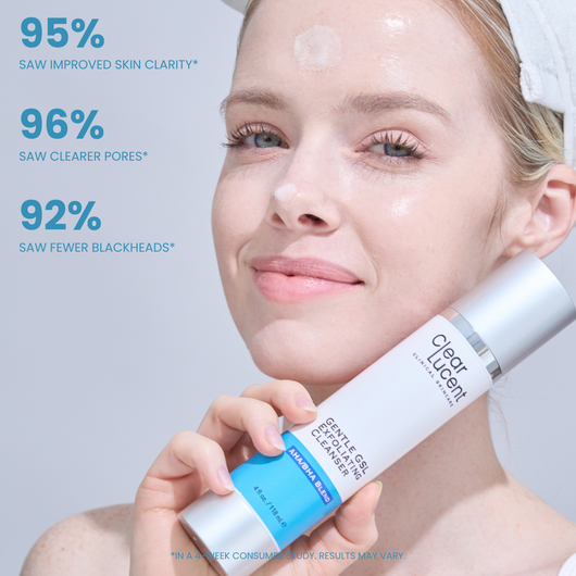 Woman holding a skincare product with text on improved skin clarity, clearer pores, and fewer blackheads.