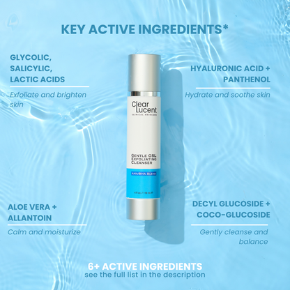 Clear Lucent skincare cleanser bottle with key active ingredients listed on a blue background